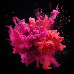 A pink colored paint explosion on a black background. - obrazy, fototapety, plakaty