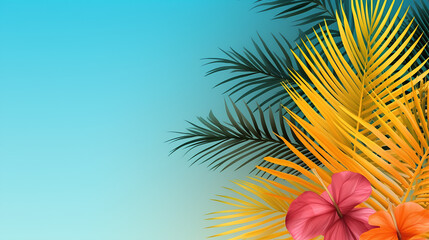 Fototapeta na wymiar Tropical palm leaves in a bright gradient, holographic colors. A place for the text.