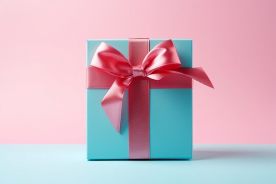 A picture of a blue gift box with a pink ribbon and bow on a pink and blue background