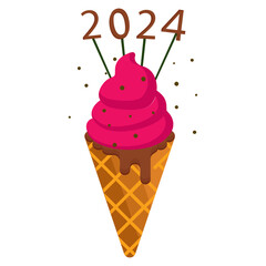 Flavored Ice cream cone decorated with 2024 concept, Twenty Twenty four dessert vector icon design, Happy New Year 2024 Symbol, HNY Wishes Sign, New Years Eve celebration Element stock illustration
