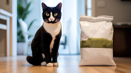There is a package of pet food and a curious cat on the counter.