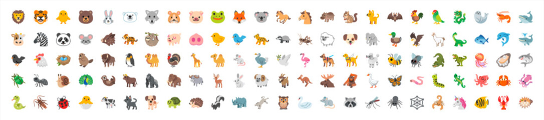 Set of animal and animal faces, face emojis, stickers, emoticons. Vector illustration. © Cali6ro