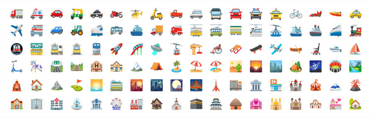 emoji of transport and buildings and nature set pack icons, vector illustration. - obrazy, fototapety, plakaty