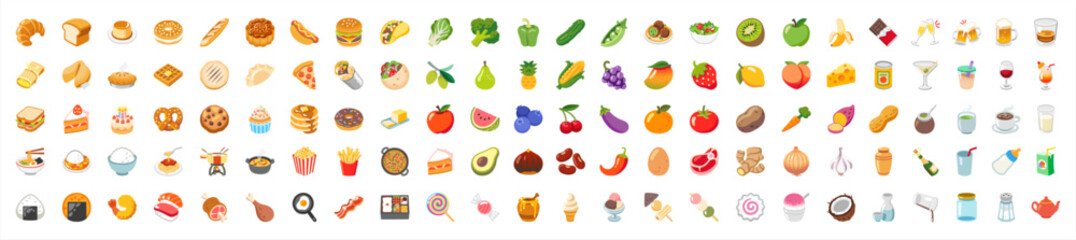 Food and fruit vector emoji illustration. Food and beverages, fruits symbols, emojis, emoticons, stickers, icons Vegetables, cakes, vector illustration flat icons set, collection. Vector illustration. - obrazy, fototapety, plakaty