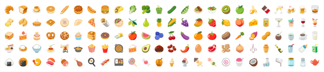 Deurstickers Food and fruit vector emoji illustration. Food and beverages, fruits symbols, emojis, emoticons, stickers, icons Vegetables, cakes, vector illustration flat icons set, collection. Vector illustration. © Cali6ro