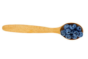 Pile of blueberry in wooden spoon isolated on a white background