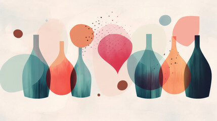 Wine bottles. Wine minimalistic illustrations. Wine Bottle and glass. Bright colors. Watercolor art - obrazy, fototapety, plakaty