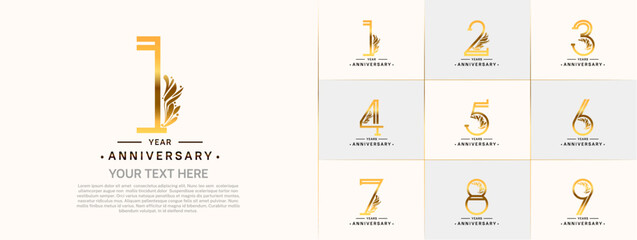 set of anniversary logotype golden and black color and ornament for special celebration event - obrazy, fototapety, plakaty