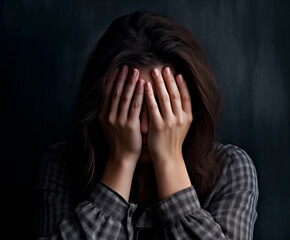Woman covering face with hands, emotional distress, blurred background
