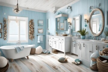 Fototapeta na wymiar A coastal-inspired bathroom with seashell decor, driftwood accents, and a calming blue color scheme.