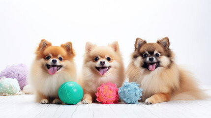 Pomeranians with pet toys