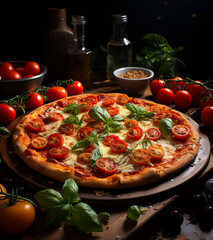 Thincrust pizza with cherry tomatoes. A pizza sitting on top of a wooden cutting board