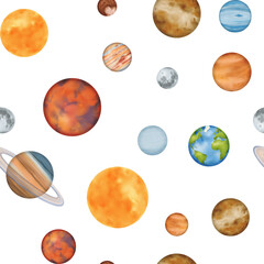 Seamless pattern. The solar system with planetary orbits. Mercury, Venus, Earth with its satellite, the Moon, Mars, Jupiter, Saturn, Uranus, Neptune, and the dwarf planet Pluto. Watercolor © Mari Ka