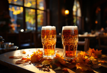 Two steins of beer with autumn leaves. Two glasses of beer sitting on top of a table - obrazy, fototapety, plakaty