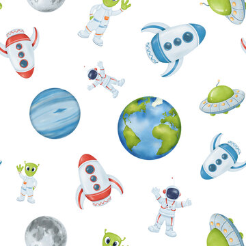 seamless watercolor pattern. starry sky. yellow stars Earth a whimsical astronaut an alien UFO rocket moon, and sun. for wallpapers, children's rooms, textiles, baby clothes, and textbooks