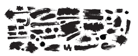 Black ink paint brush stroke, grungy line, frame, watercolor splash and splatter set on white background. Freehand grunge texture, dirty brush or circle art. Social media vector decoration ornament.
