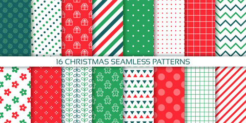 Christmas seamless pattern. Holiday background. Xmas textures with zigzag, polka dot, check, stripes. Set of red green prints. Retro New year wrapping paper. Scrapbook design. Vector illustration