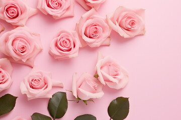 Pink rose flowers heads on pastel pink background