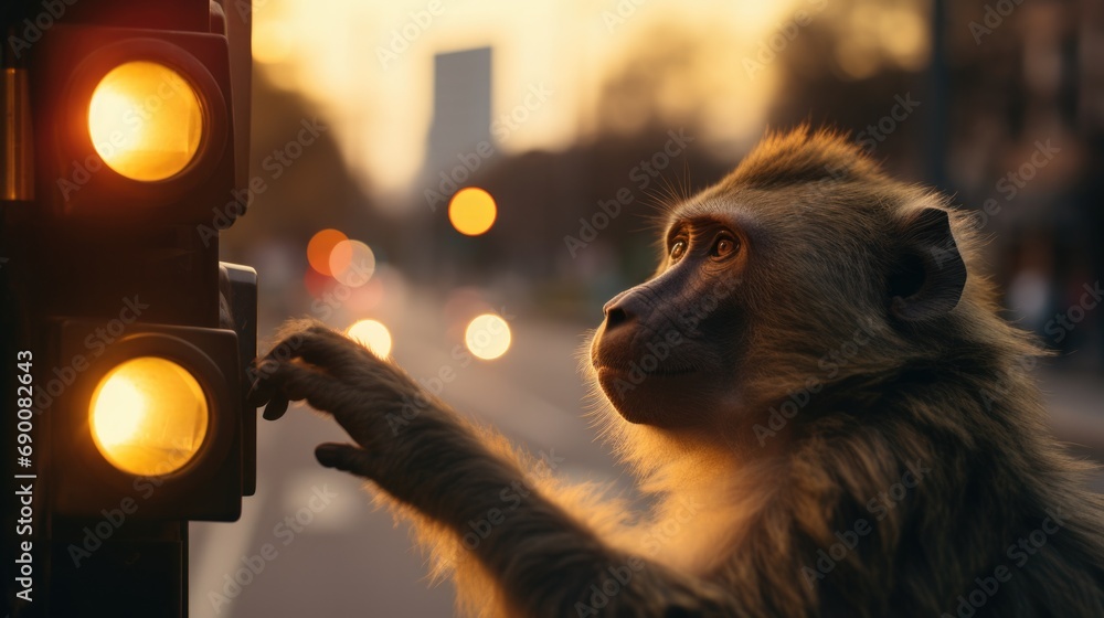 Poster a monkey that is standing next to a traffic light. generative ai.