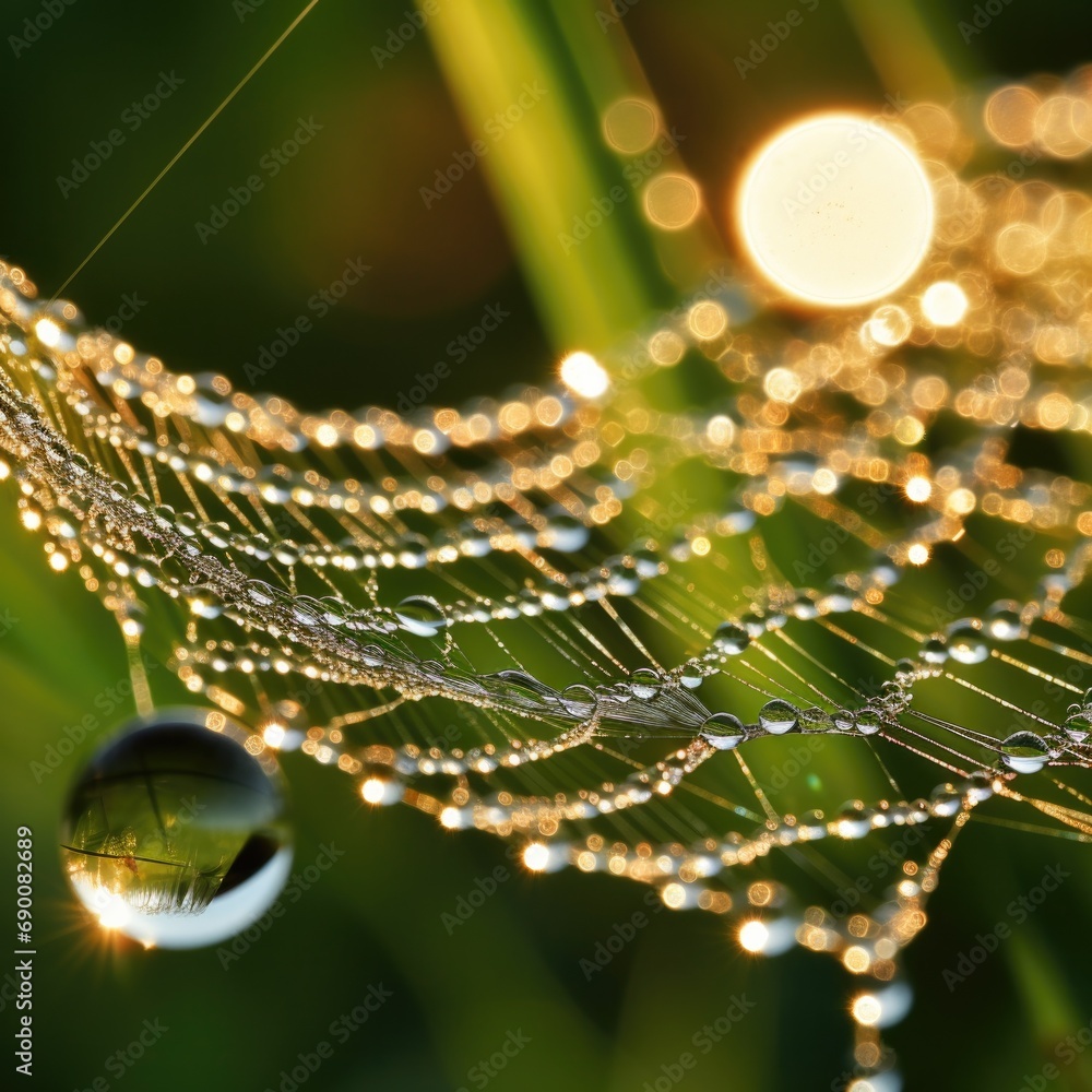 Poster a spider web with water droplets hanging from it. generative ai.