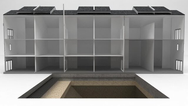 Schematic representation of Radon leakage from the ground in a domestic environment, toxic gas, BIM, 3d rendering, 3d illustration