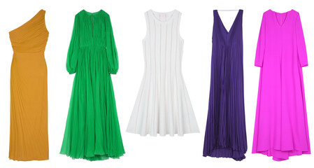 several colorful dresses of different sizes and shapes,isolated on transparent or white background, png