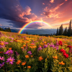 A vibrant rainbow over a field of wildflowers.
