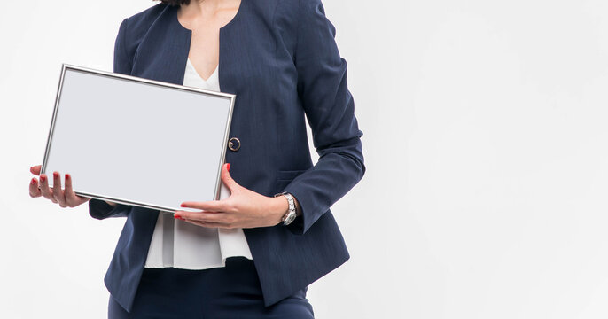 Bisness woman holding brochure with blank cover on white background 