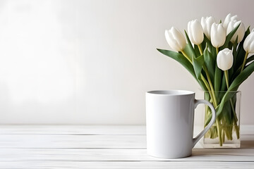 Mug mockup showing empty white mug next to bouquet of spring flowers with white wall with copy space