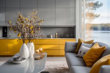 Detail of yellow kitchen cabinets in beautiful modern living room