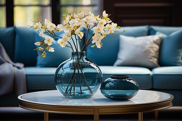 Interior of an attractive living room with flowers in glass vase - obrazy, fototapety, plakaty