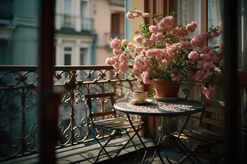 Fototapeta na wymiar Small city terrace with table and beautiful flowering plant in spring