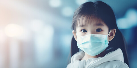 asian chinese child wearing hospital mask. treatment and protection from a new virus or epidemic. ai generative