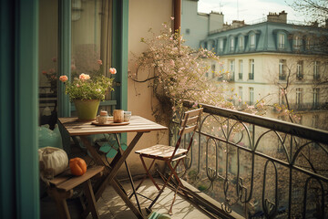 Cozy city terrace with table and chairs, building on background.