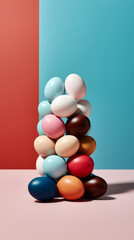 easter eggs stacked o top of each other on blue background, minimalistic, vertical easter phone wallpaper