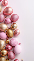 top view of shiny gold and pink easter eggs on a white background, minimalistic, vertical easter phone wallpaper