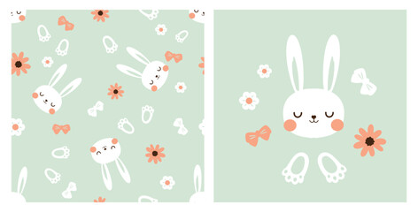 Seamless pattern with bunny rabbit cartoons, daisy flower and footprint on green background vector illustration.