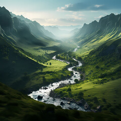 Tranquil river winding through a valley with lush greenery