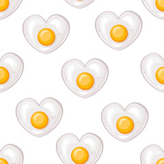 Bright vector seamless pattern with fried eggs in the shape of a heart on a white background