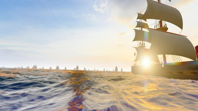 Fleet sailing on the sea.