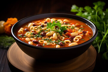 Pasta Fagioli soup in a bowl with fresh herbs. ai generative