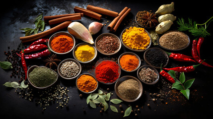 Obraz na płótnie Canvas Set of various spices on black background.