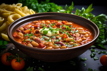 Pasta Fagioli soup in a bowl with fresh herbs. ai generative