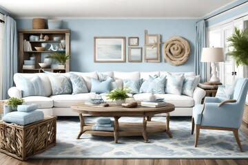 A coastal-inspired living room with nautical decor, light blue hues, and driftwood accents.  - obrazy, fototapety, plakaty
