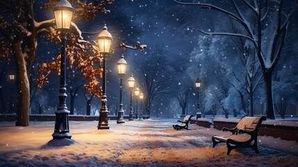 Snowfall in the city park at night in winter - obrazy, fototapety, plakaty