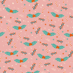 New Year's holiday pink seamless pattern with plant and candy cane. christmas pattern with candy canes, stars and snow