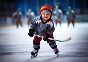 Happy little boy on large arena on ice hockey training.Macro.AI Generative.
