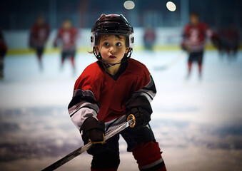 Little boy ice hockey player with hockey stick on large arena during training.Macro.AI Generative.