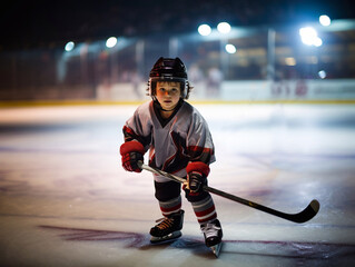 Obraz premium Little boy ice hockey player with hockey stick on large arena during training.Macro.AI Generative.