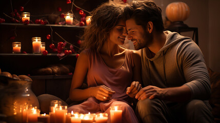 Young couple in romantic atmosphere at home. Candlelight on background. Valentine's day or...